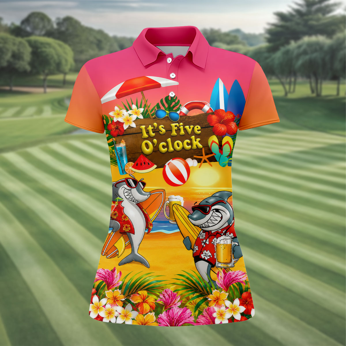Pink Sunset It's Five O'Clock Beach Shark Golf Polo Shirt, Golf Shirts For Women, Women's Golf Polo