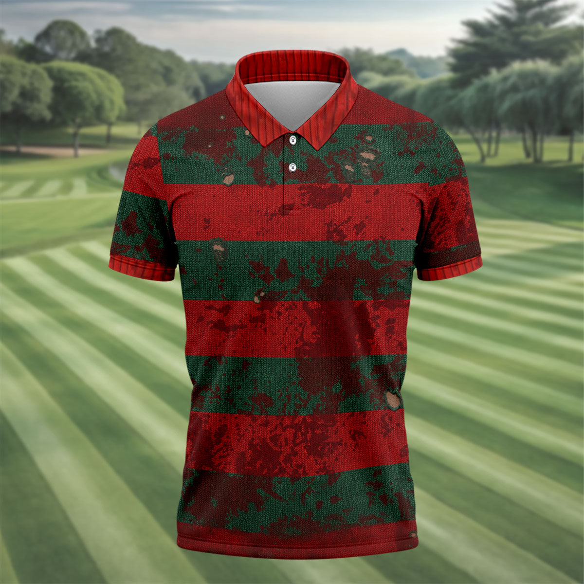 Distressed Red Green Horror Knit Golf Polo Shirt, Men's Golf Shirt, Hawaiian Golf Shirt