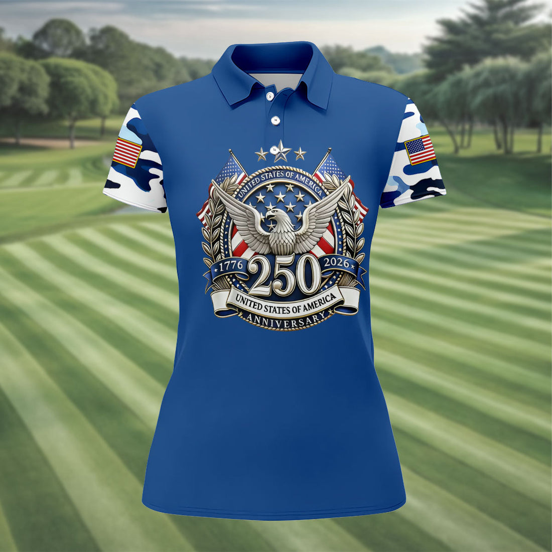 Patriotic Bald Eagle Blue And White Camo Blue Golf Shirt, 250th Anniversary Women's Golf Shirts