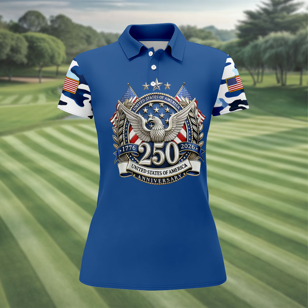 Patriotic Bald Eagle Blue And White Camo Blue Golf Shirt, 250th Anniversary Women's Golf Shirts