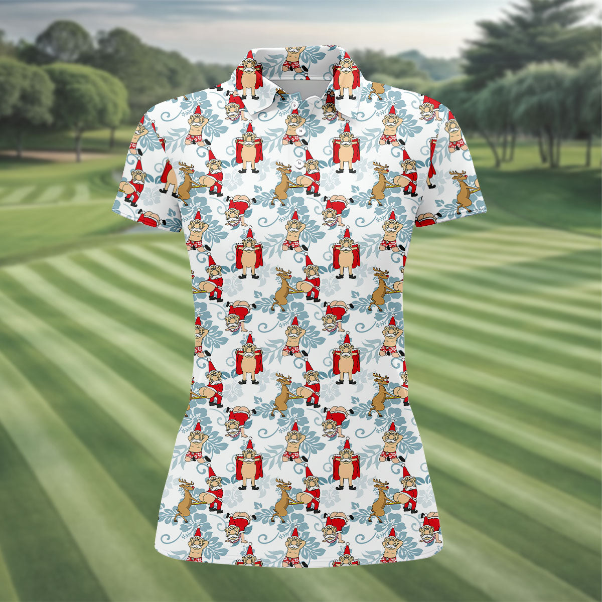 Funny Santa Reindeer Christmas Hawaiian Polo Shirt, Womens Golf Polo, Golf Shirts For Women