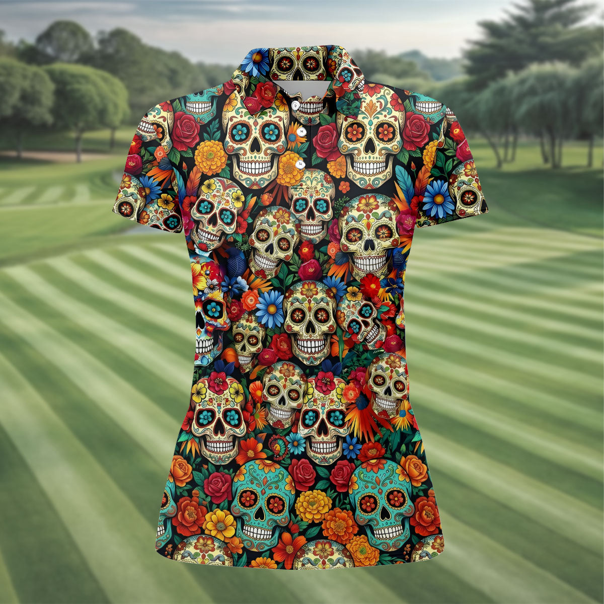 Decorated Skulls Cinco De Mayo Celebration Fiesta Themed Floral Pattern Golf Shirt For Women