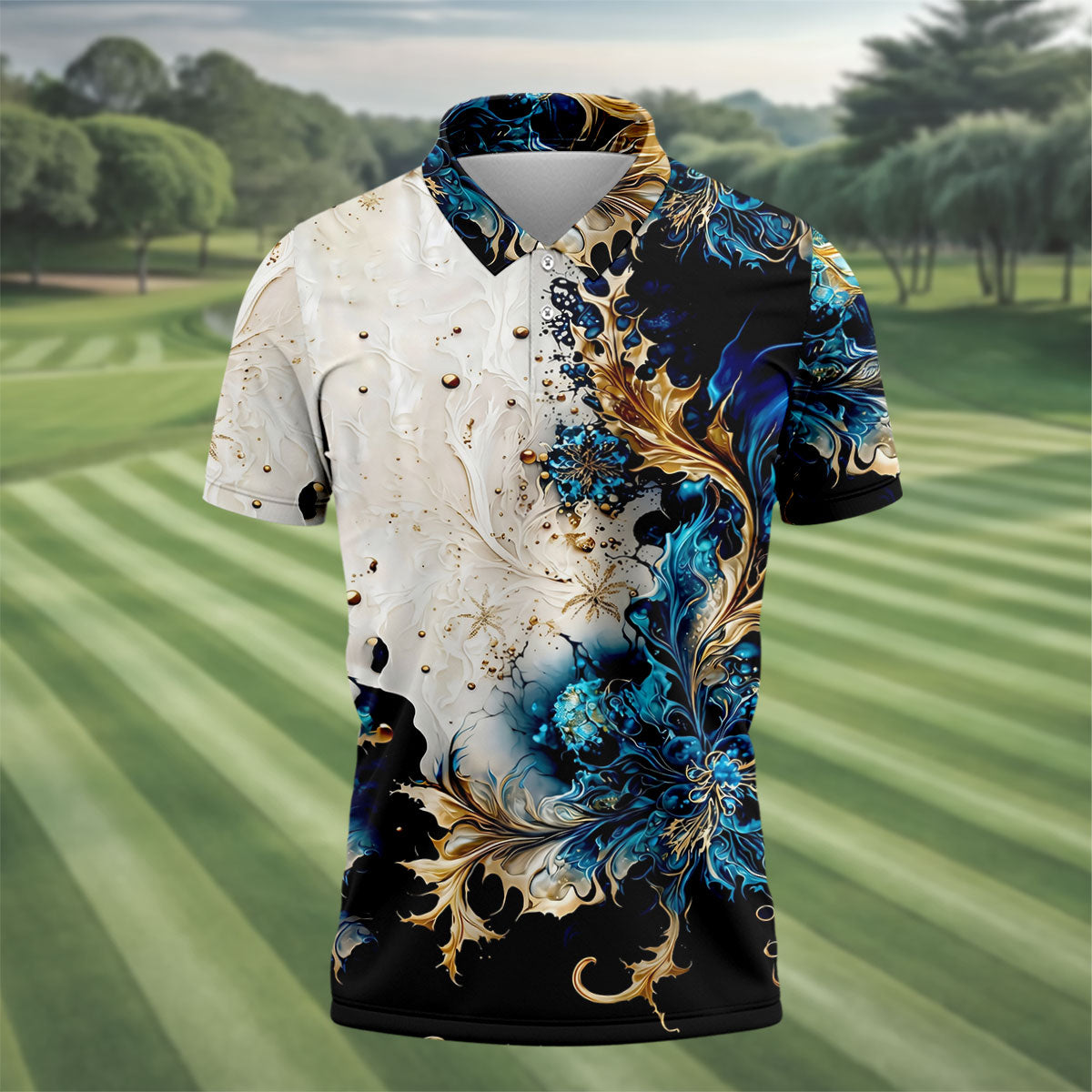 Metallic Flower Fractal Art Hawaiian Golf Shirt, Retro Golf Shirt, Polo Shirts For Men