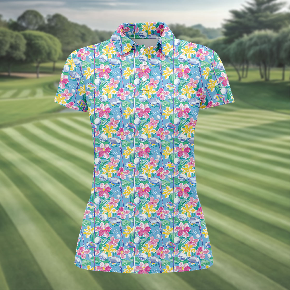 Tropical Floral Golf Clubs Hawaiian Golf Polo Shirt, Women's Golf Polo, Golf Tops For Women
