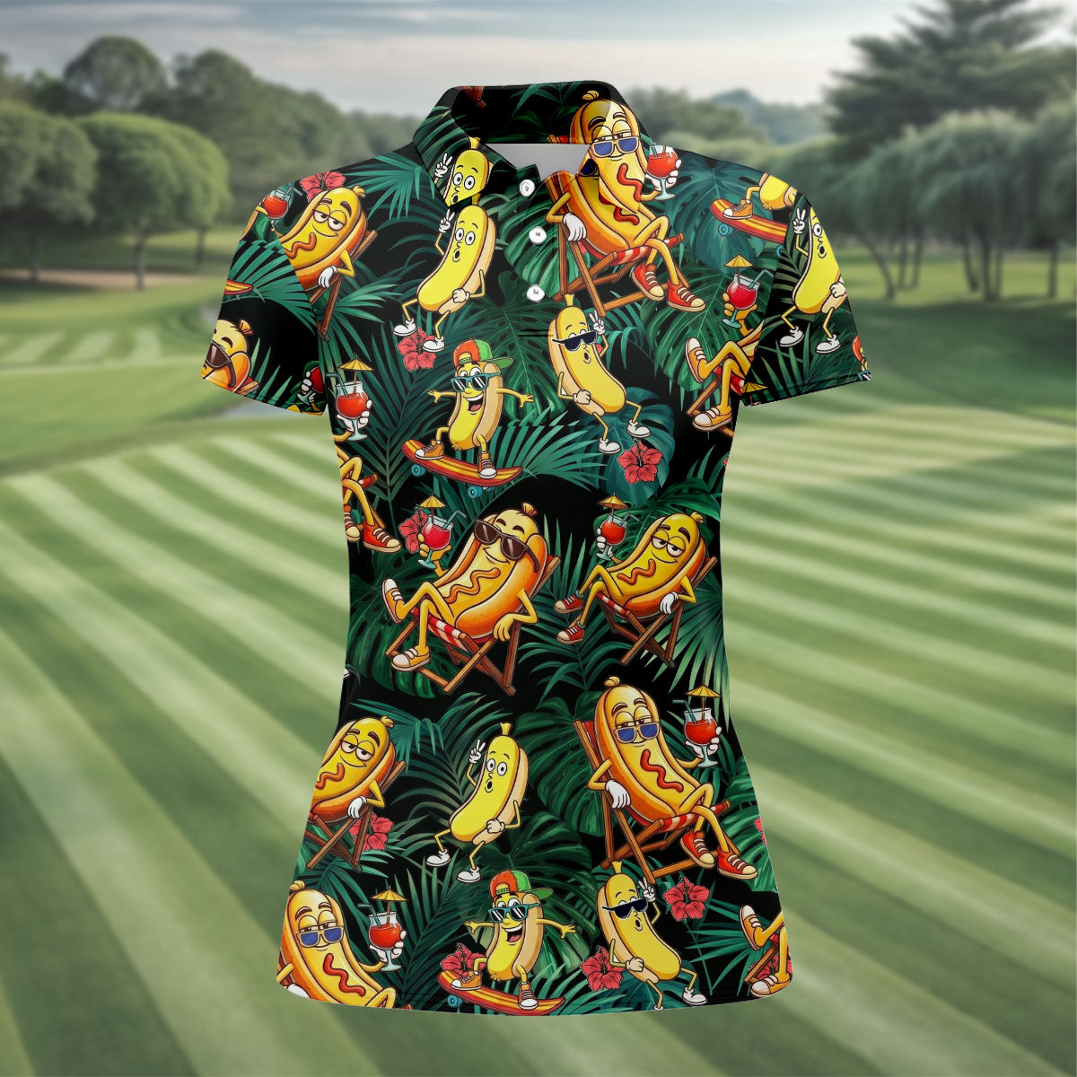 Funny Hot Dog Banana Tropical Hawaiian Golf Shirt, Womens Golf Tops, Ladies Golf Shirts