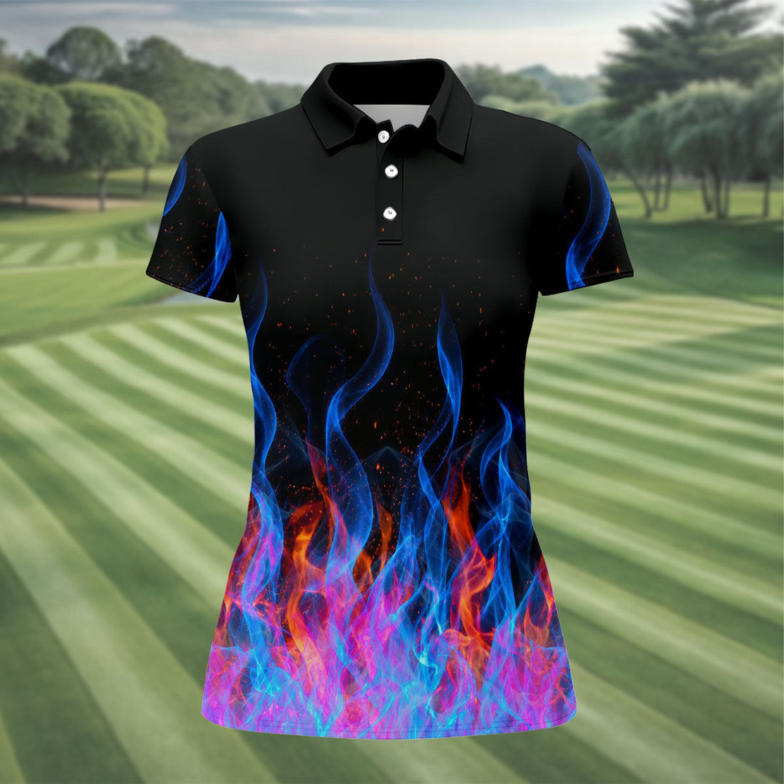 Black Blue Flame Fire Pattern Golf Shirt, Ladies Golf Shirts, Women’s Golf Apparel, Printed Golf Shirt