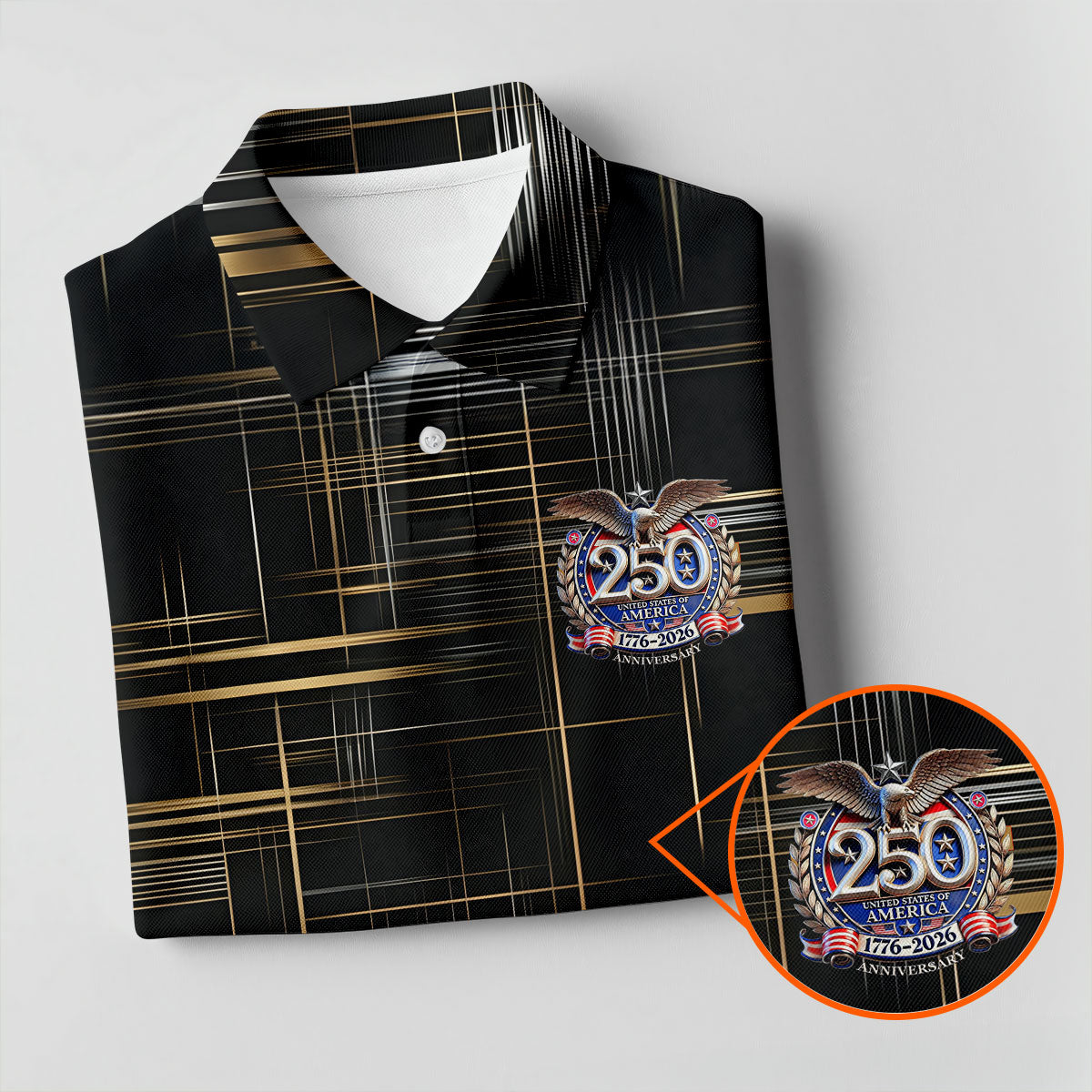Gold And Silver Grid Pattern Patriotic 4th Of July Golf Shirt, 250 Years Golf Shirts For Men