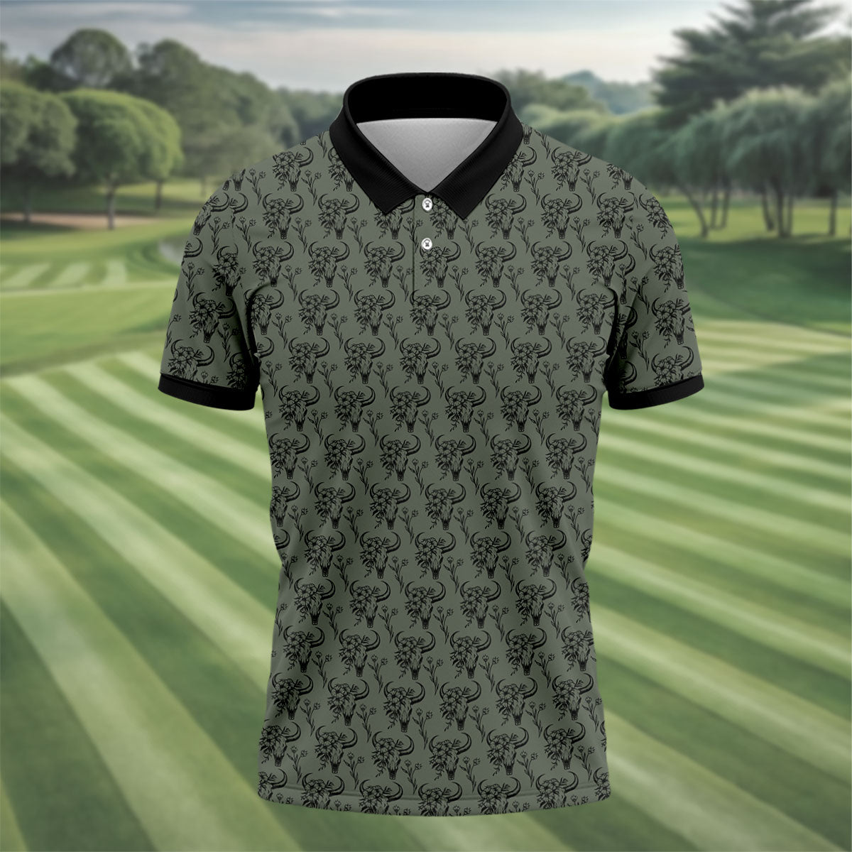 Cow Skull With Flowers Western Theme Forest Green Golf Tops For Men, Polo Shirts For Men, Golf Shirts For Men