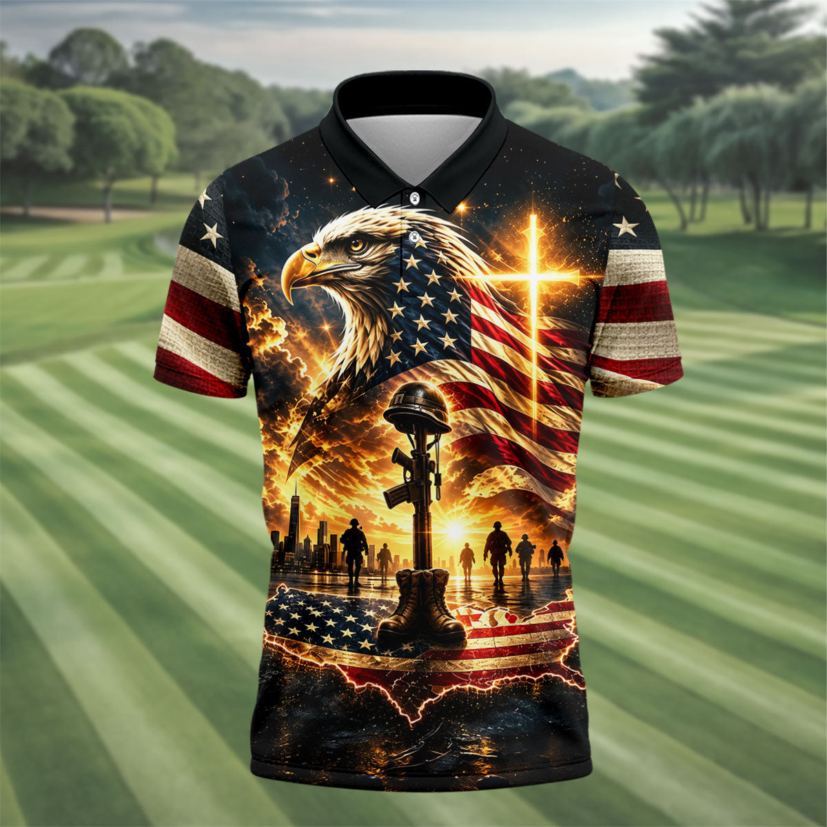 Eagle Cross Soldier Memorial Golf Polo Shirt, Veterans Day Shirt, Mens Golf Shirts
