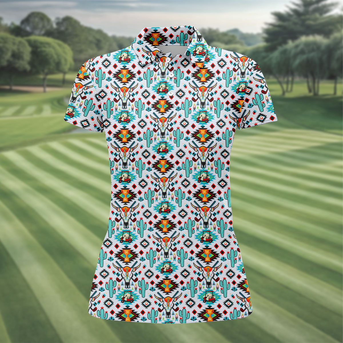 Southwestern Golf Pattern Polo Shirt, Golf Polo For Women, Printed Golf Shirt