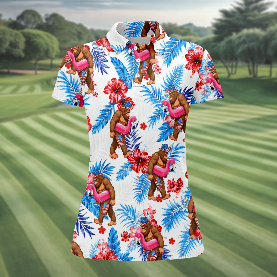 Bigfoot Flamingo Float Tropical Hawaiian Golf Shirt, Hawaiian Golf Shirt, Golf Tops For Women