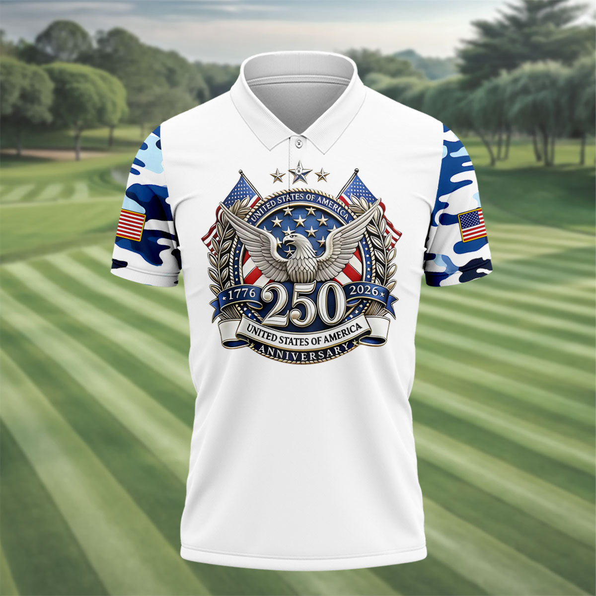Patriotic Bald Eagle Blue And White Camo White Golf Shirt, 250th Anniversary Golf Shirts For Men