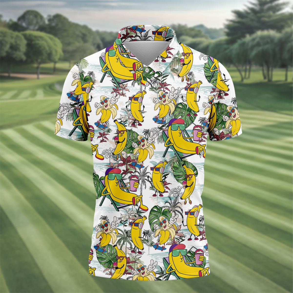 Cartoon Banana Characters On Tropical Island Hawaiian Golf Polo, Golf Tops For Men, Golfing Apparel