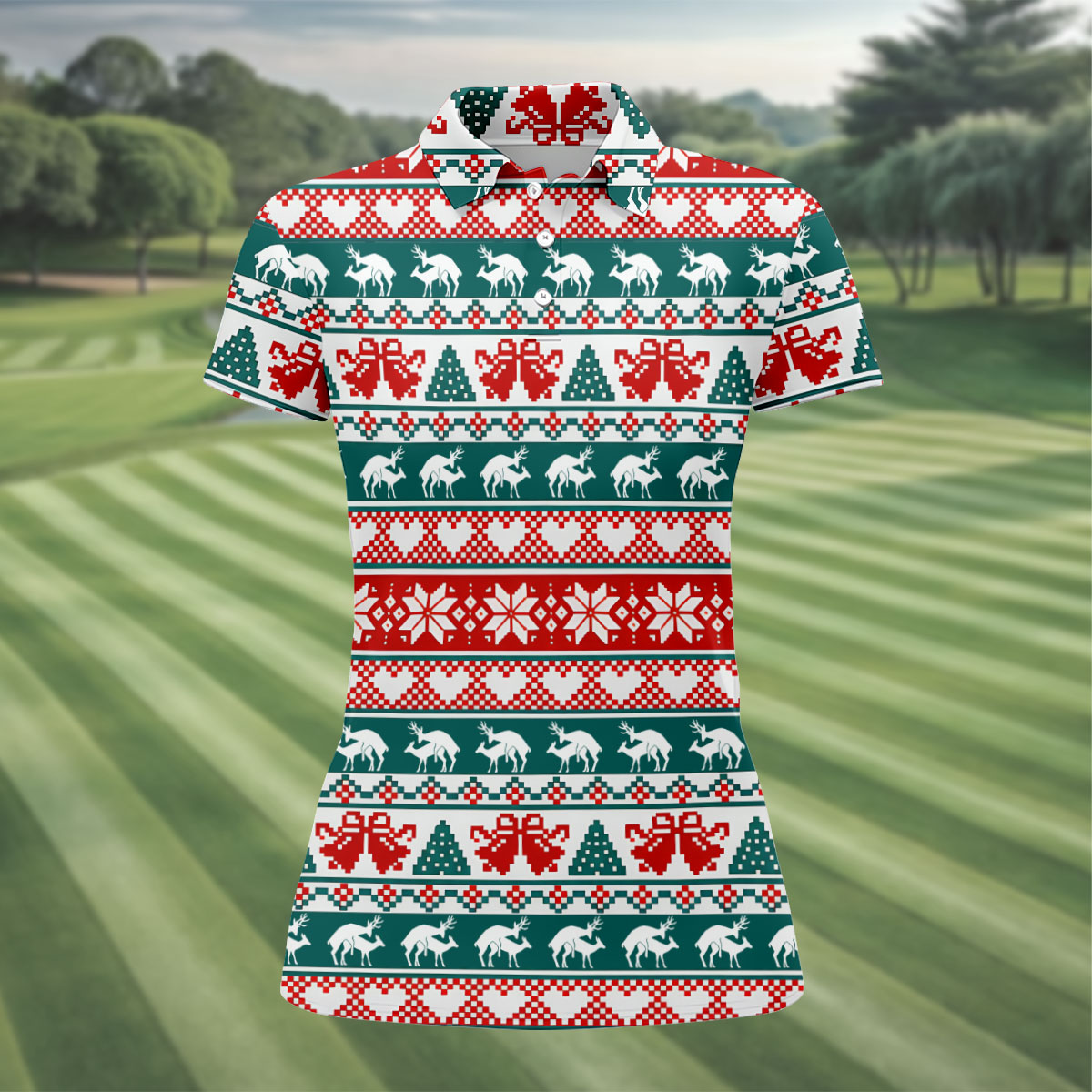 Christmas Reindeer Bells Snowflake Golf Polo Shirt, Women’s Golf Apparel, Ladies Golf Top