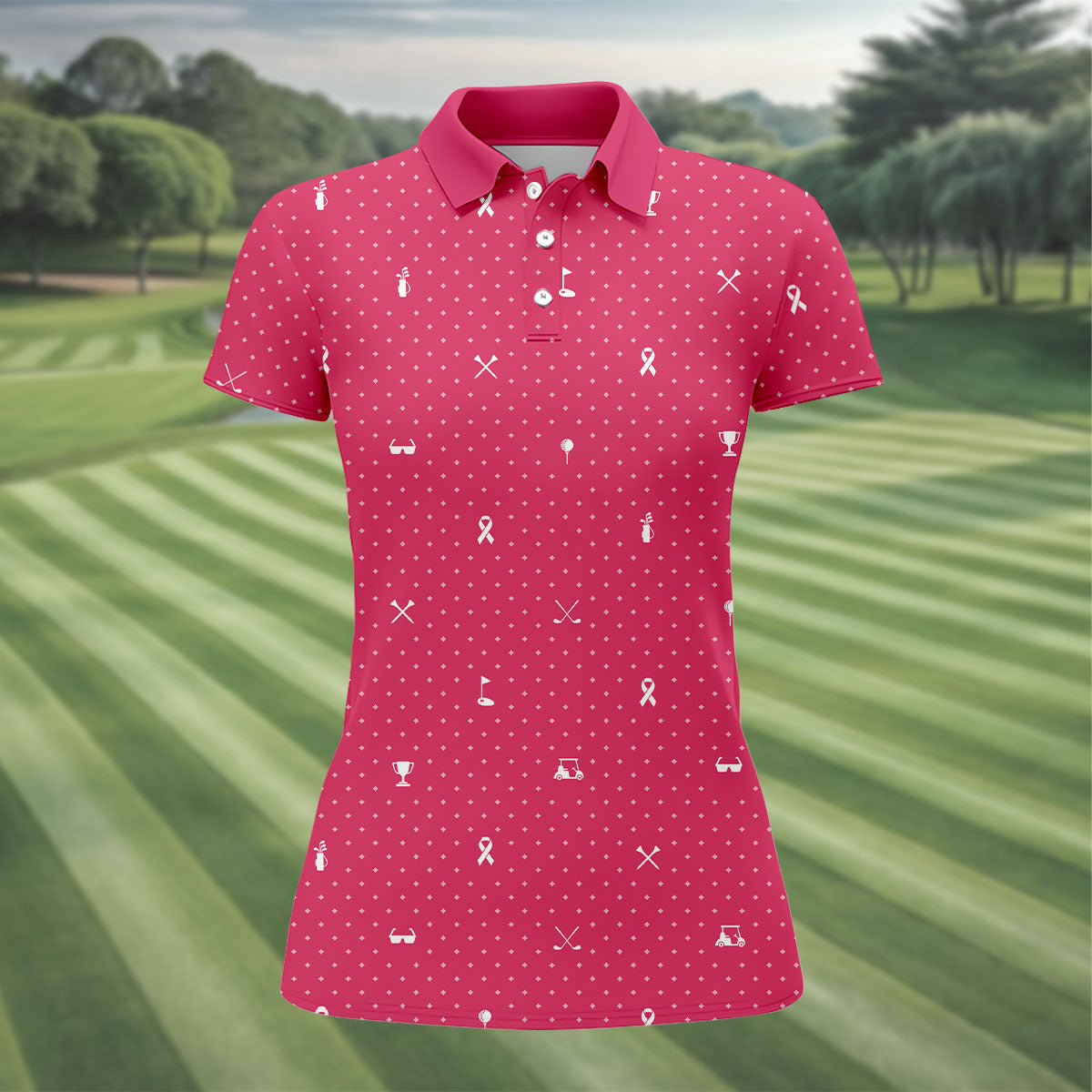 Pink Ribbon Golf Pattern Breast Cancer Polo Shirt, Golf Polo For Women, Ladies Golf Shirts