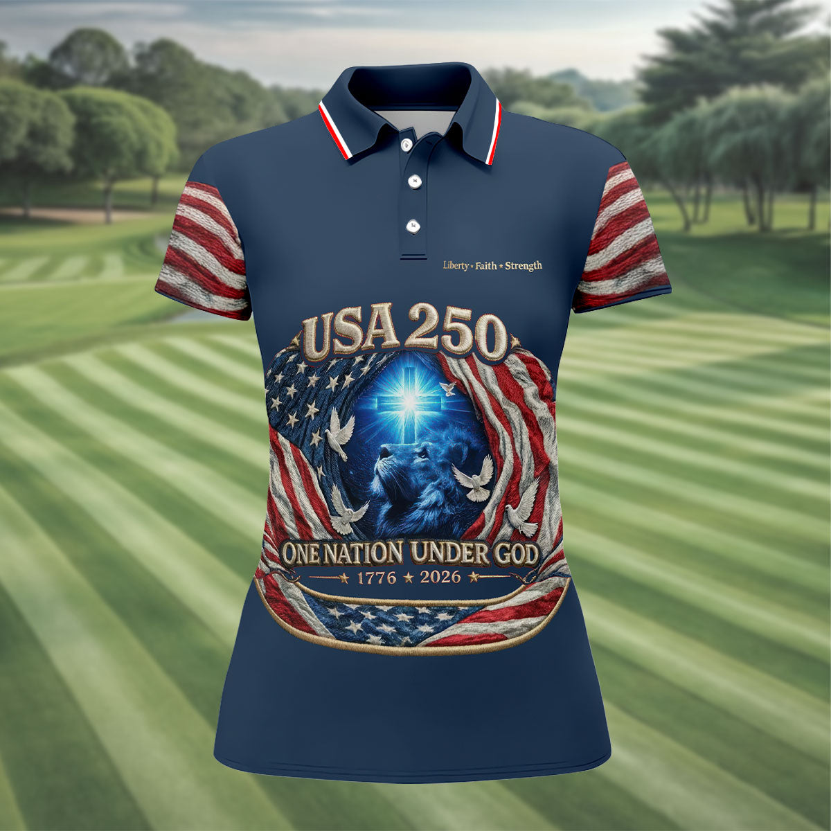 One Nation Under God Faith Cross USA 250 Navy Golf Shirt, 4th Of July Golf Shirt For Women