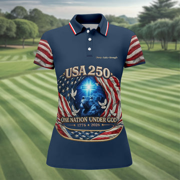 One Nation Under God Faith Cross USA 250 Navy Golf Shirt, 4th Of July Golf Shirt For Women