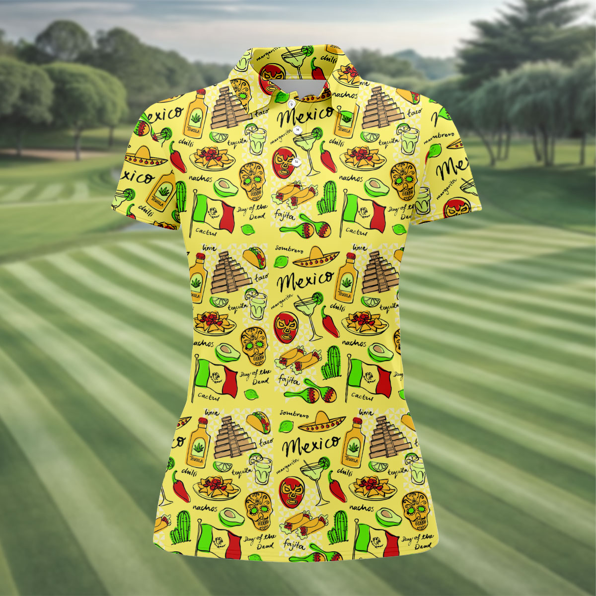 Mexican Cultural Symbols Day Of The Dead Ladies Golf Tops, Cinco De Mayo Celebration Golf Shirt For Women