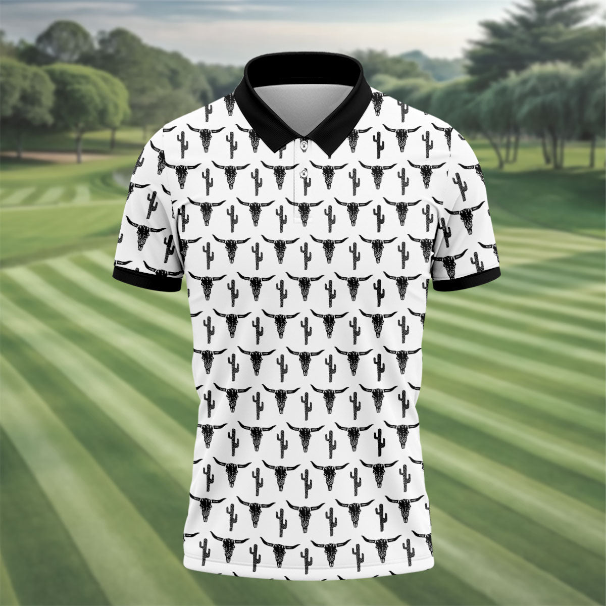 Longhorn Cow Skull Western Theme White Golf Tops For Men, Polo Shirts For Men, Golf Shirts For Men