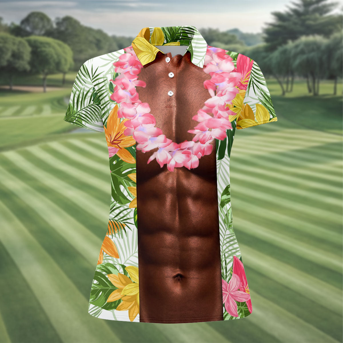 Tan Skin Tropical Muscle Chest Hawaiian Golf Polo Shirt, Women's Golf Tops, Performance Golf Shirt
