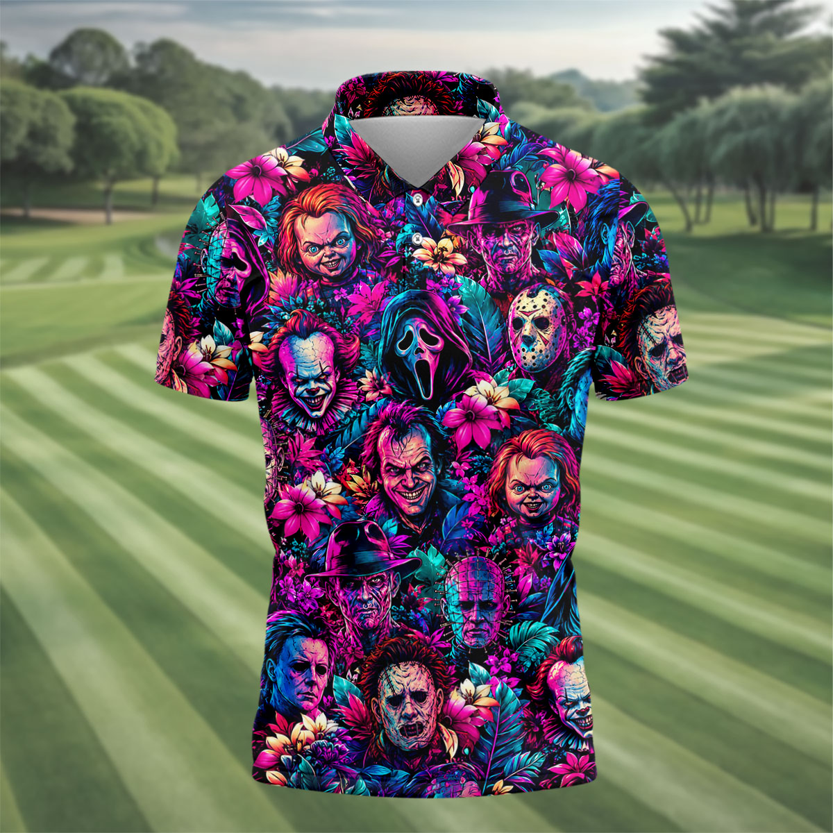 Neon Floral Horror Character Halloween Golf Shirt, Golf Shirts For Men, Mens Golf Apparel