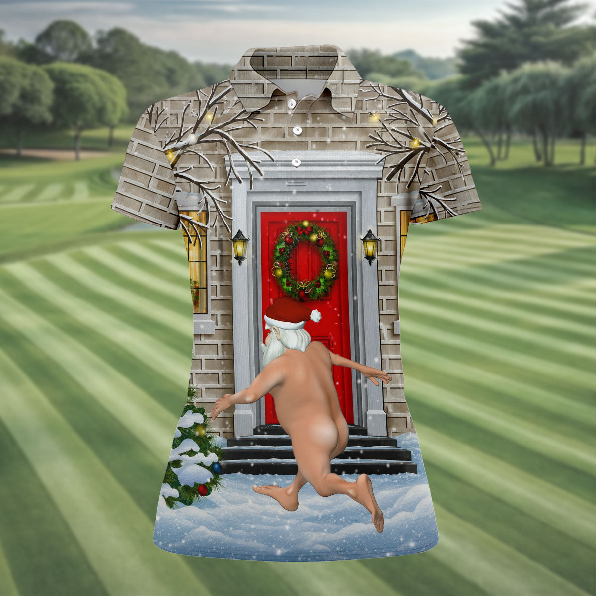 Women's Streaking Santa Doorbell Golf Shirt, Christmas Golf Shirt, Women’s Golf Apparel