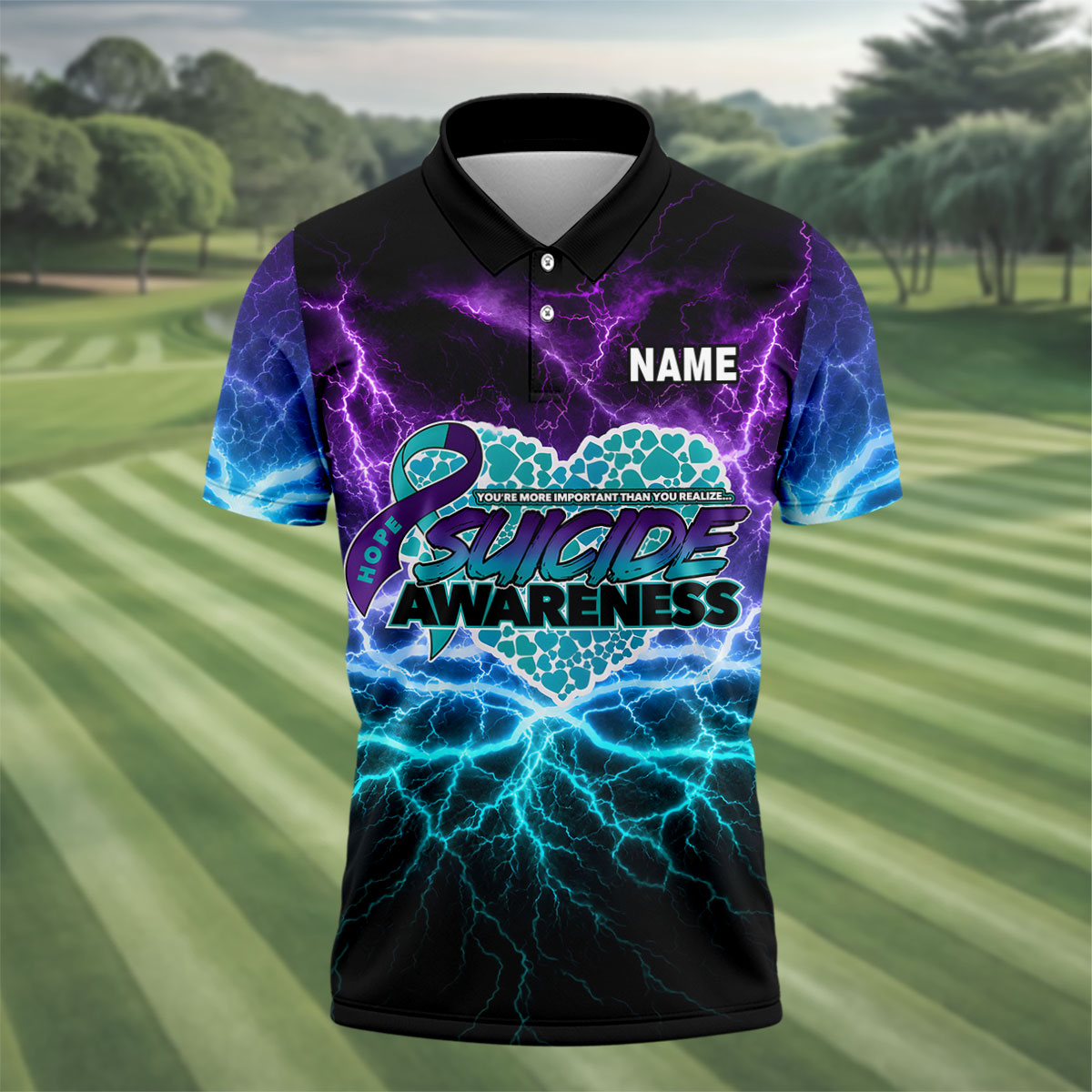 Suicide Awareness Hope Ribbon Lightning Golf Polo Shirt, Mens Golf Polo, Golf Shirts For Men