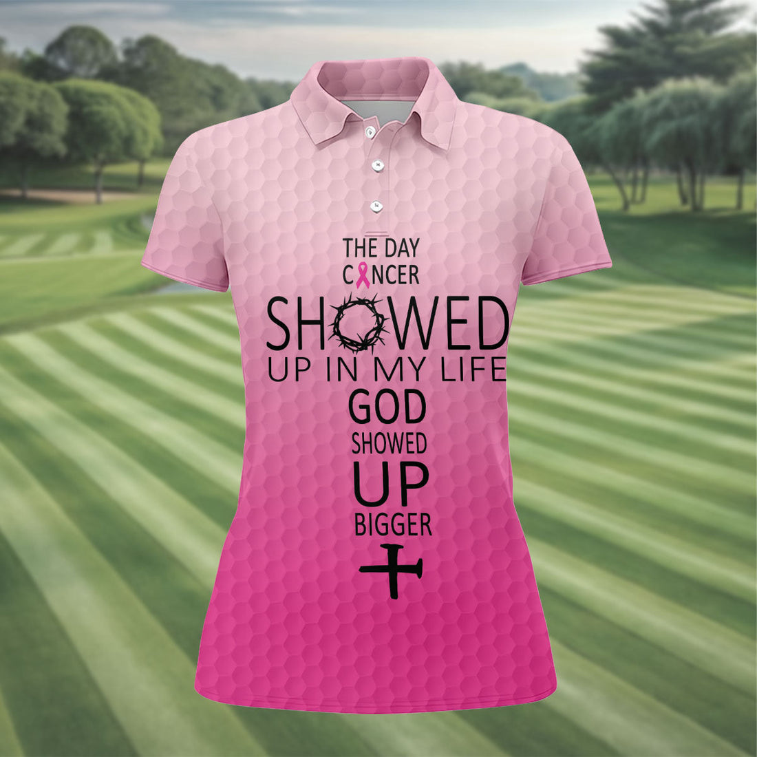 Cancer Showed Up God Showed Up Bigger Breast Cancer Polo Shirt, Women's Golf Tops