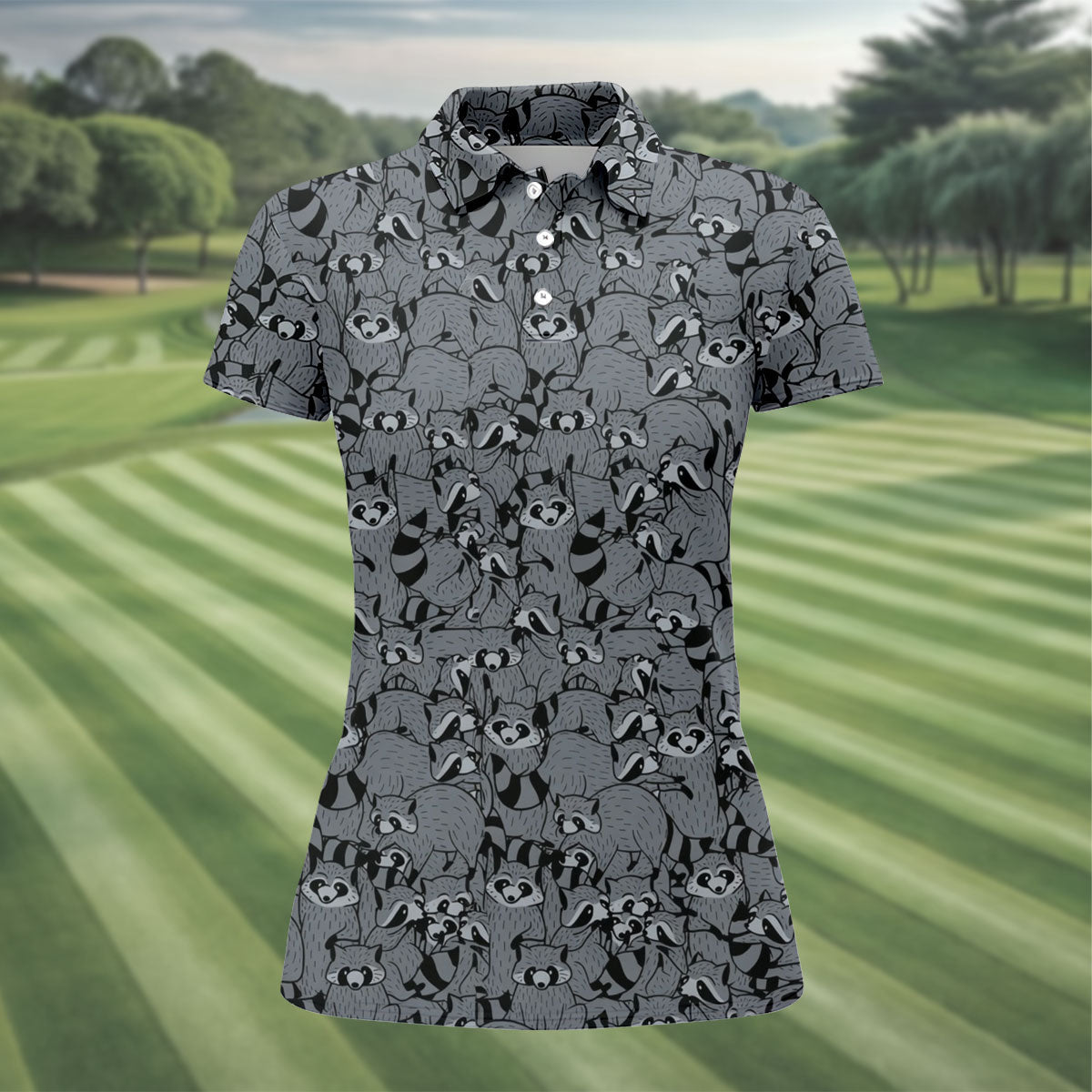 Gray Cartoon Raccoon Pattern Golf Polo Shirt, Golf Shirts For Women, Women's Golf Polo
