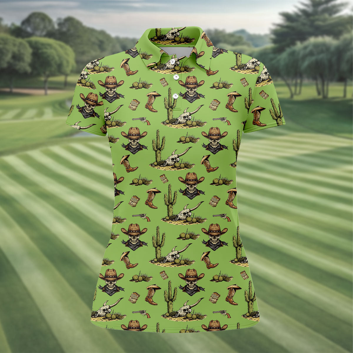 Cowboy Skeleton Longhorn Cow Skull Western Theme Sage Green Ladies Golf Shirts, Golf Shirt For Women