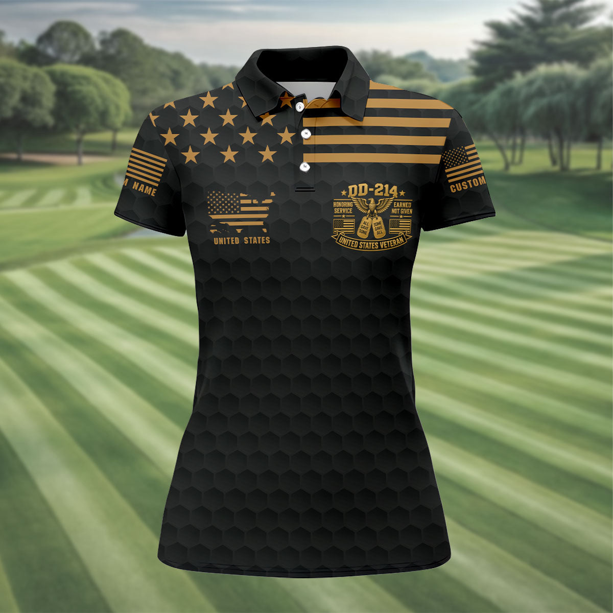 Custom Name Black Gold DD-214 Golf Polo Shirt, Womens Golf Polo, Veterans Day Shirt
