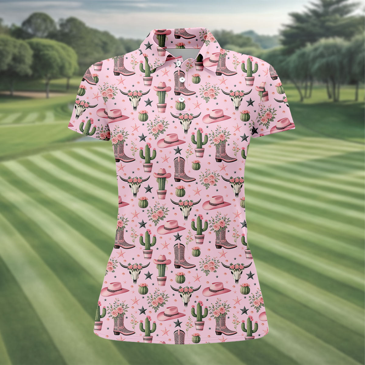 Pink Western Boots Roses Cactus Pattern Hawaiian Golf Shirt, Printed Golf Shirt, Women’s Golf Apparel