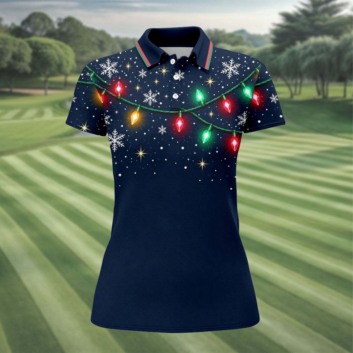 String Lights Snowflake Christmas Golf Shirt, Ladies Golf Shirts, Golf Tops For Women