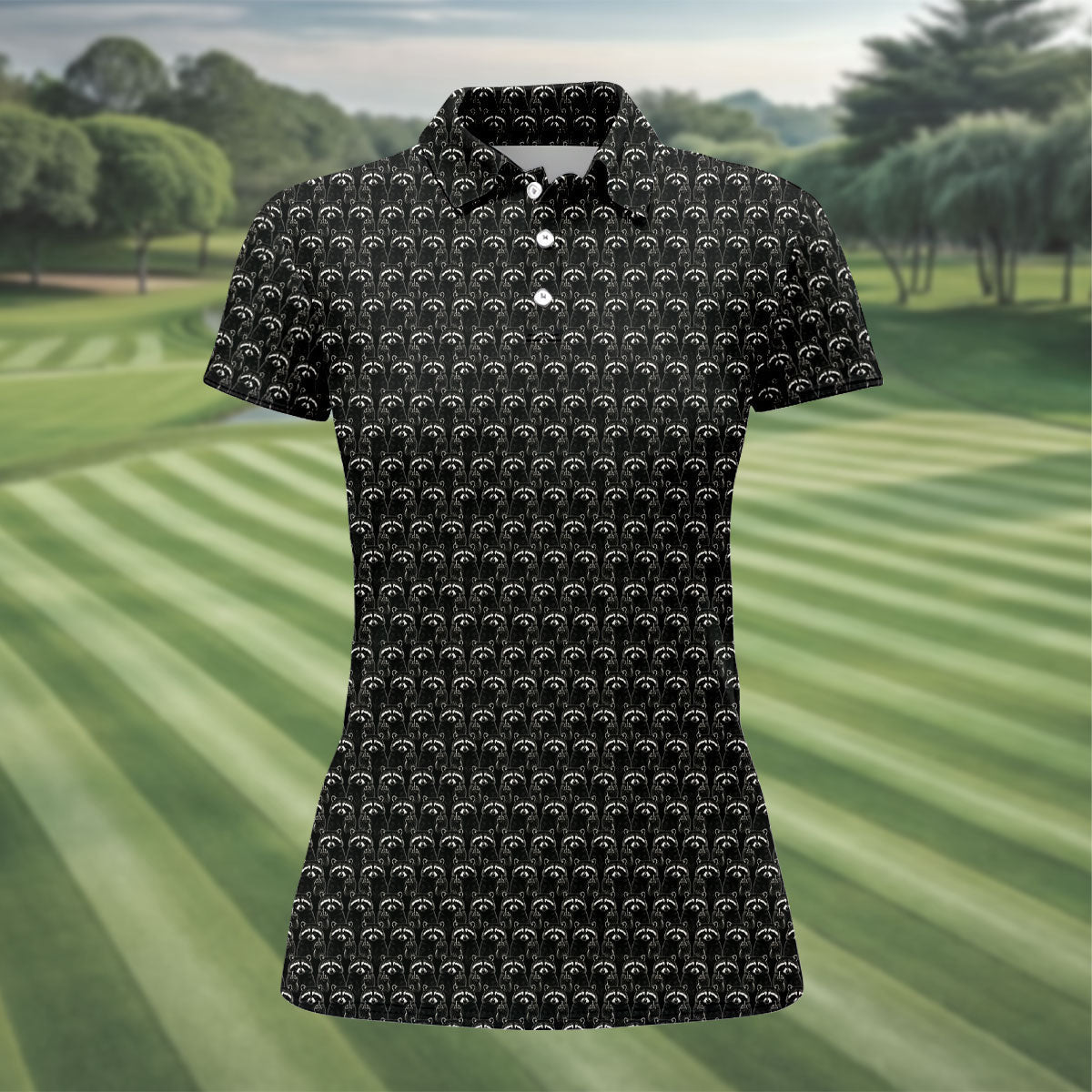 Funny Rude Raccoon Middle Finger Black Polo Shirt, Women's Golf Polo, Golf Tops For Women