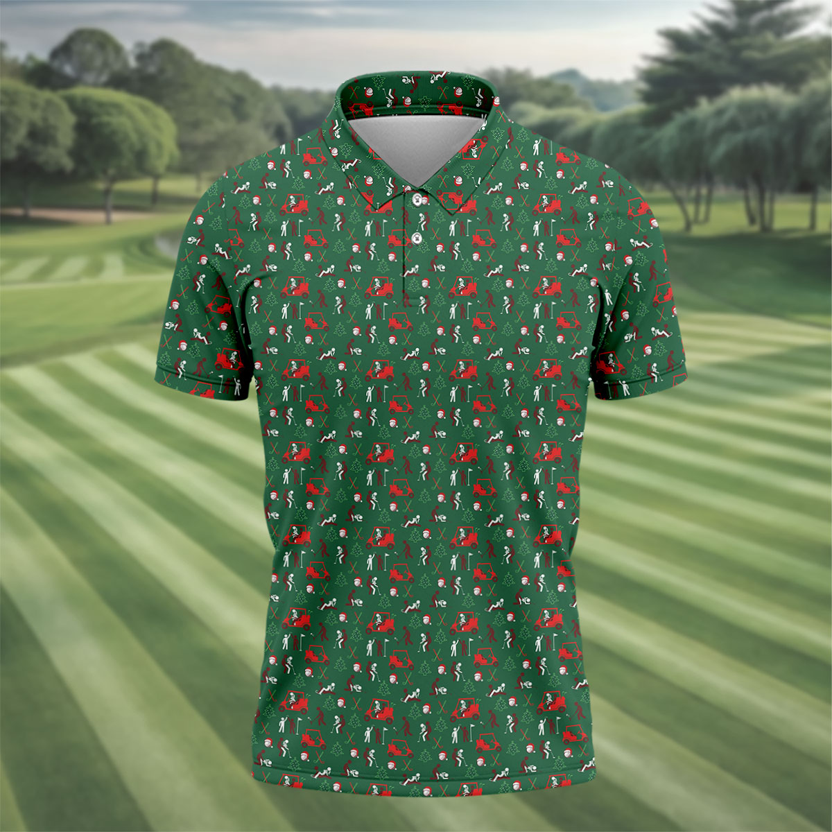 Christmas Golf Cart and Golfer Polo Shirt, Golf Polo Shirts For Men, Mens Golf Shirts
