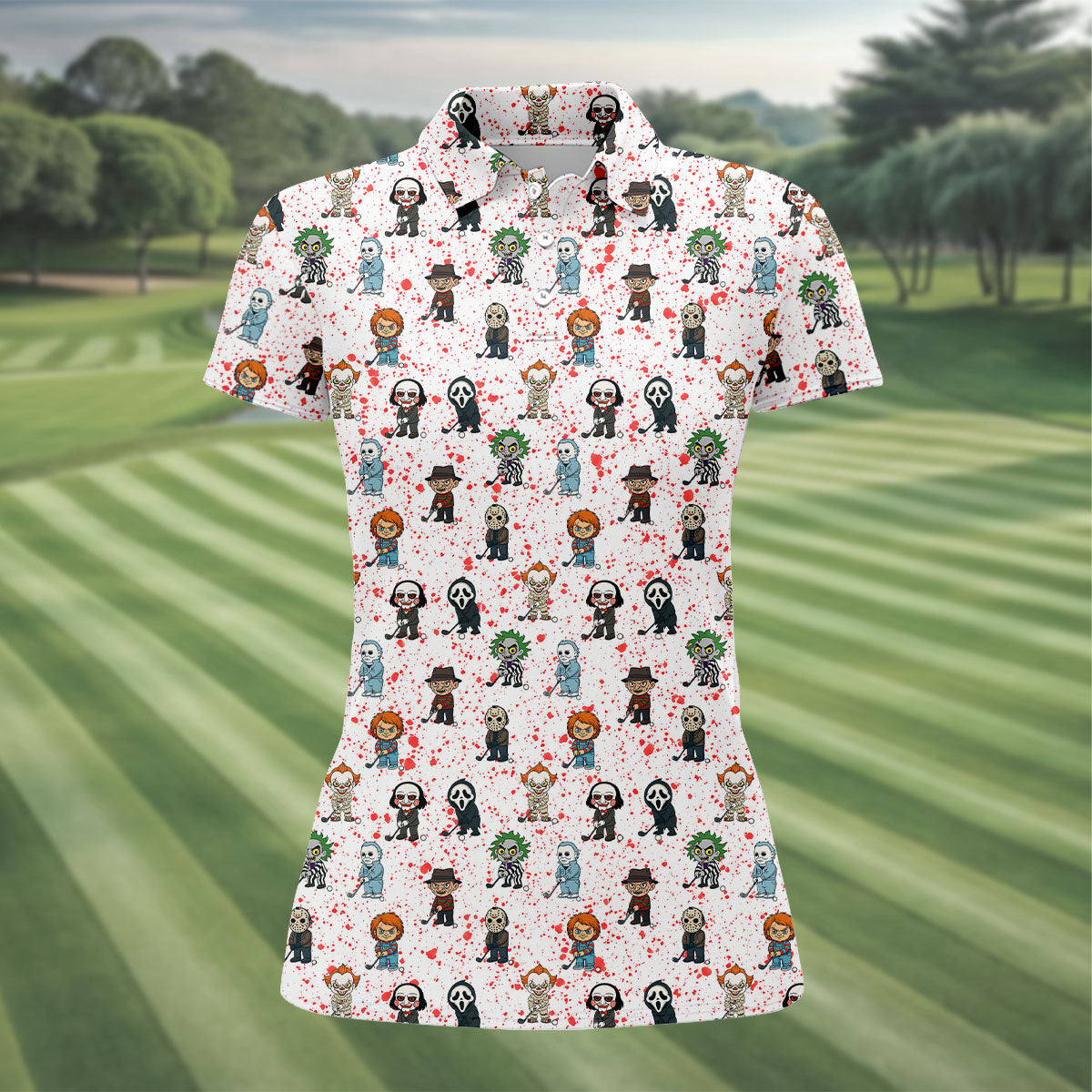 White Horror Character Golf Polo Shirt, Women's Golf Polo, Ladies Golf Shirts