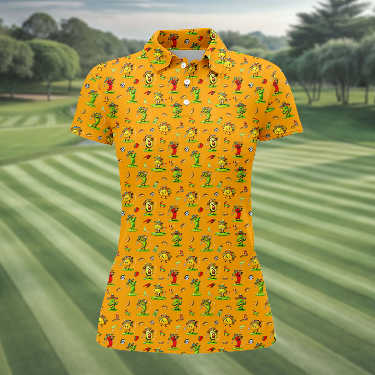 Mexican Cartoon Food Characters Cinco De Mayo Celebration Fiesta Themed Orange Golf Shirt For Women