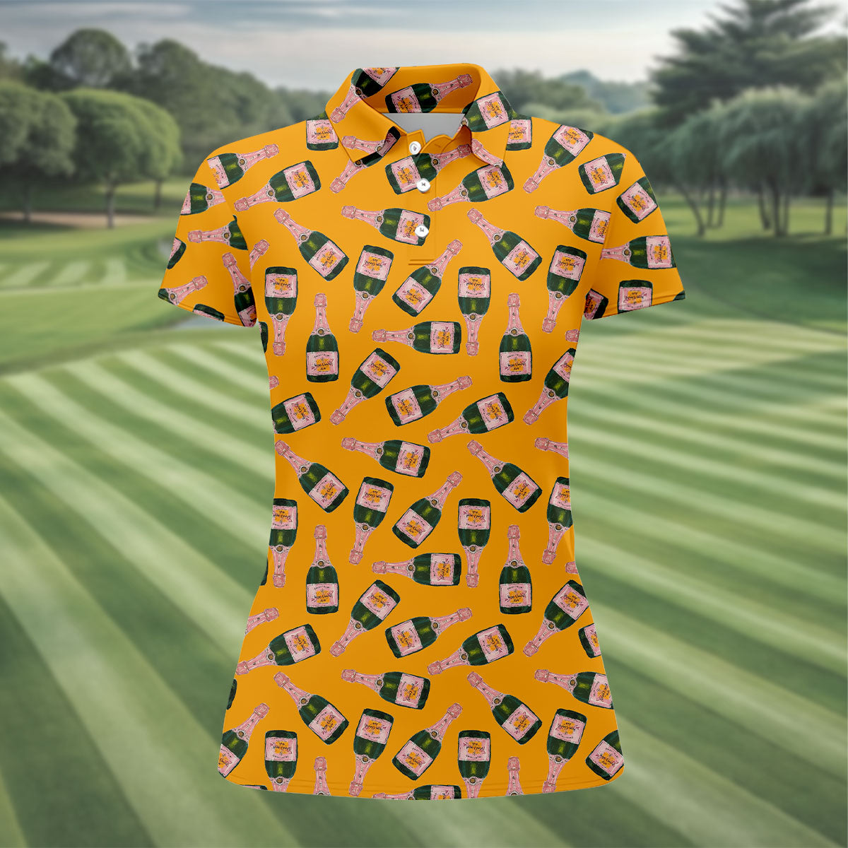 Rosé Champagne Seamless Pattern Yellow Golf Shirt, Ladies Golf Shirts, Golf Shirt For Women
