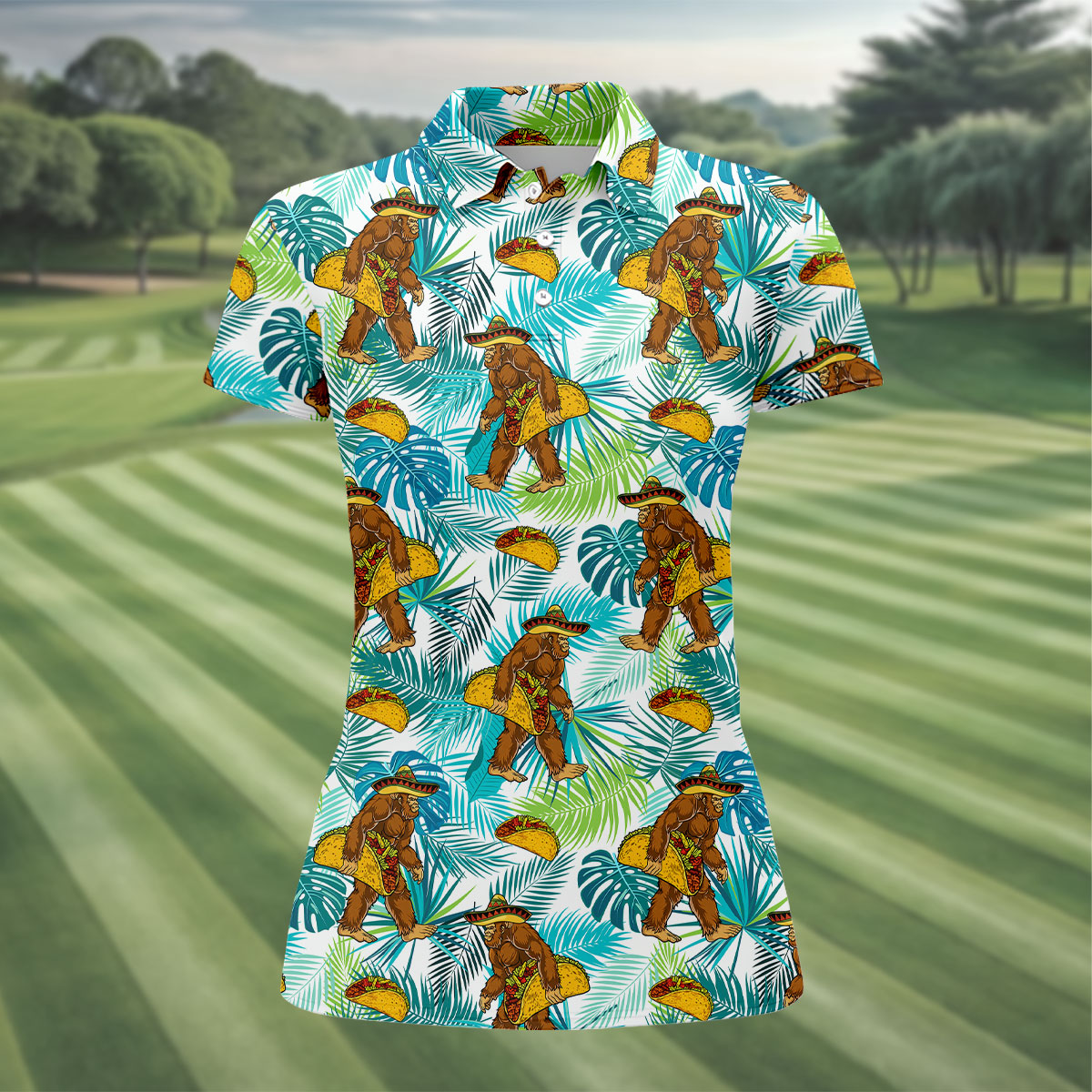 Funny Bigfoot Taco Sombrero Cinco De Mayo Celebration Fiesta Themed Tropical Vibe Golf Shirt For Women