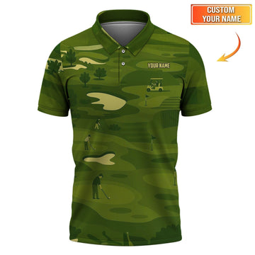 Personalized Golf Polos, Green Golf Course Pattern Custom Name Shirt For Golf Lovers, Crazy Golf Shirts For Men's