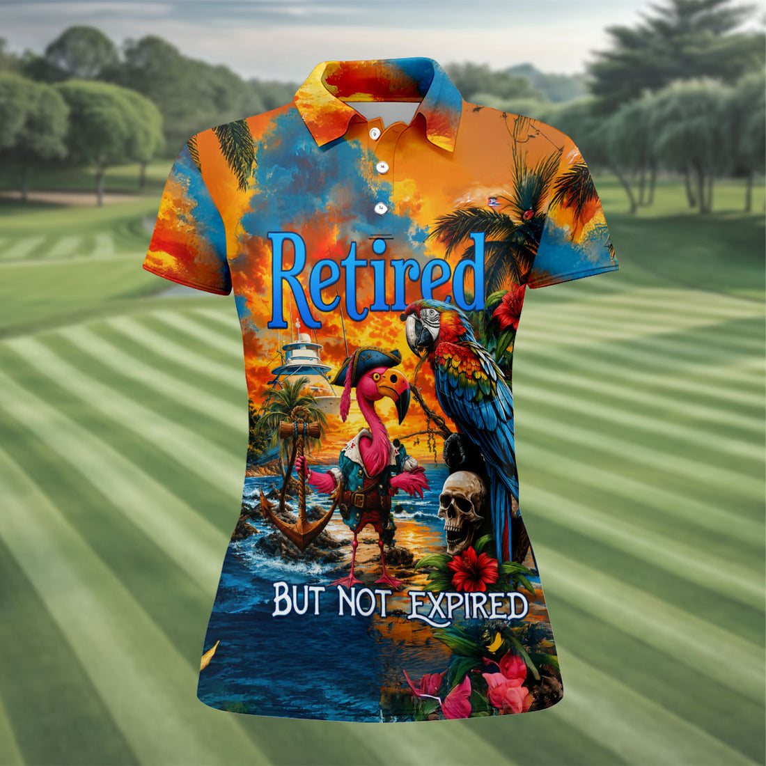 Retired Parrot Flamingo Pirate Tropical Golf Shirt, Women’s Golf Polo, Ladies Golf Shirts, Printed Golf Shirt