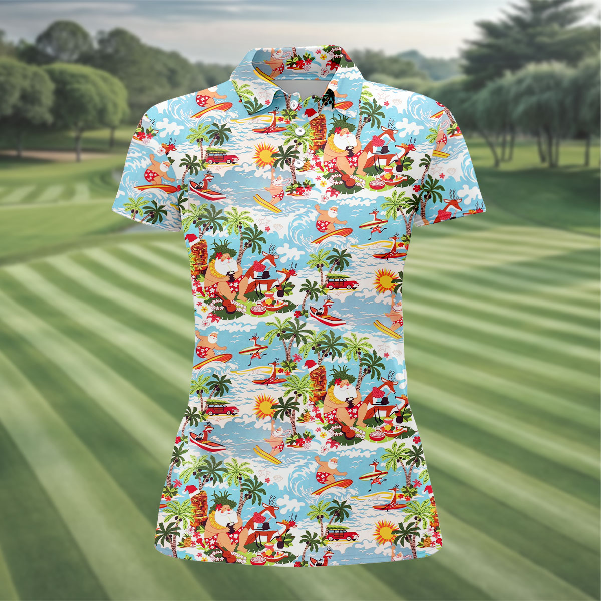 Surfing Santa Tropical Christmas Golf Shirt, Beach Reindeer Holiday Polo, Women's Golf Tops, Printed Golf Shirt