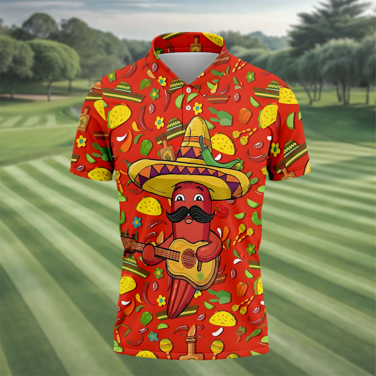 Cartoon Chili Pepper Mexican Guitar Cinco De Mayo Celebration Fiesta Themed Golf Shirts For Men