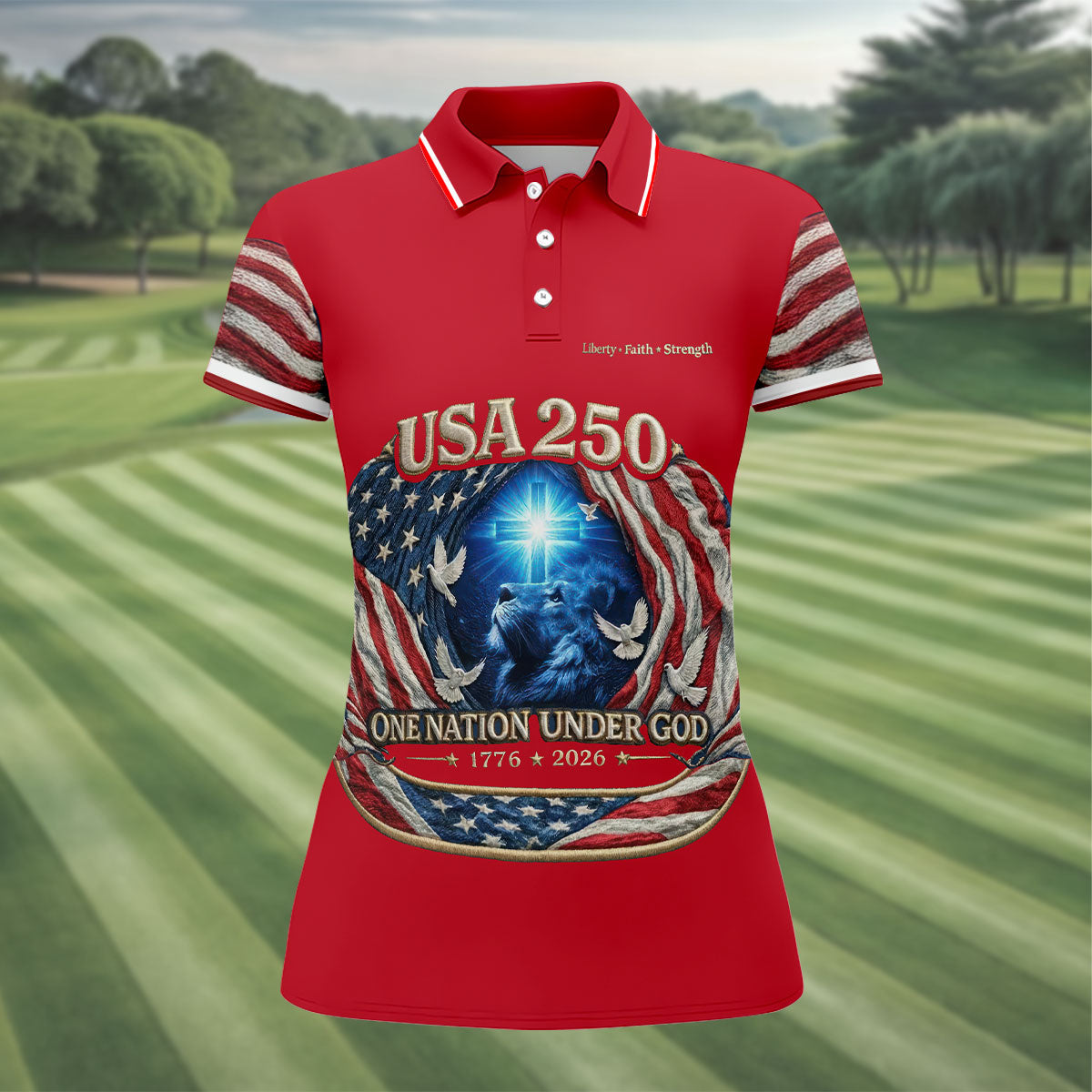 One Nation Under God Faith Cross USA 250 Red Golf Shirt, 4th Of July Golf Shirt For Women