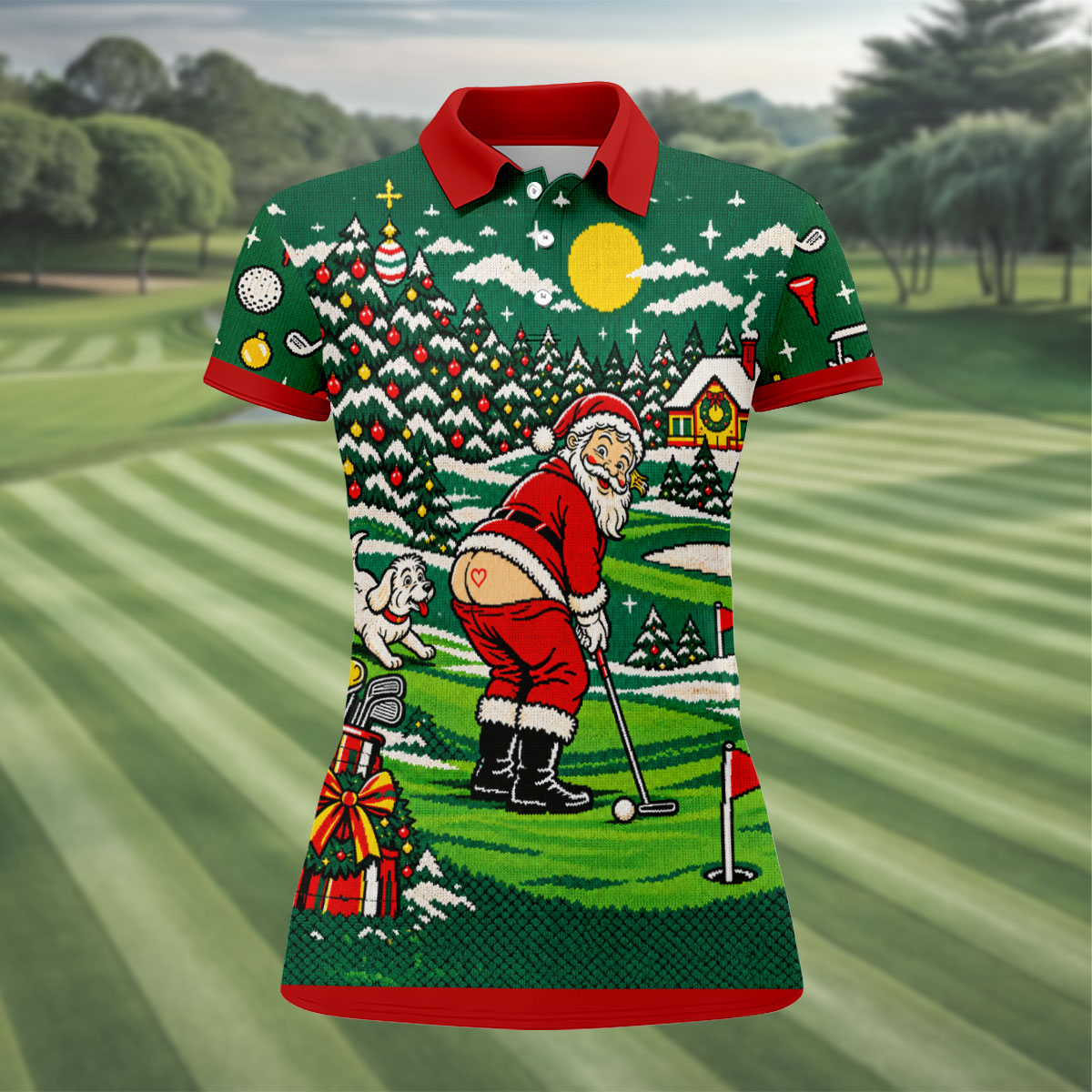 Funny Santa Mooning Dog Christmas Golf Shirt, Womens Golf Tops, Ladies Golf Shirts