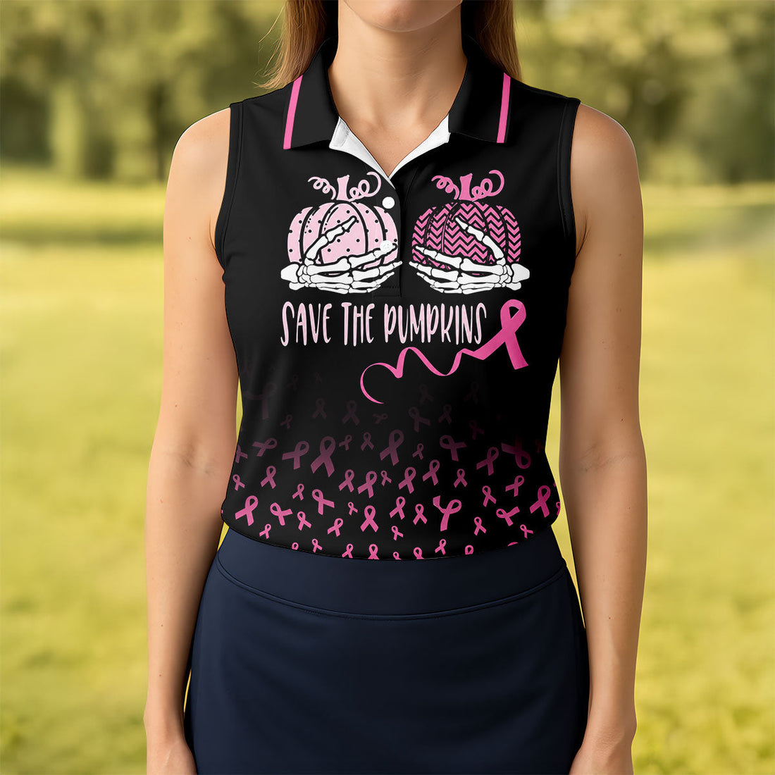 Save The Pumpkins Skeleton Breast Cancer Polo Shirt, Womens Golf Tops, Printed Golf Shirt
