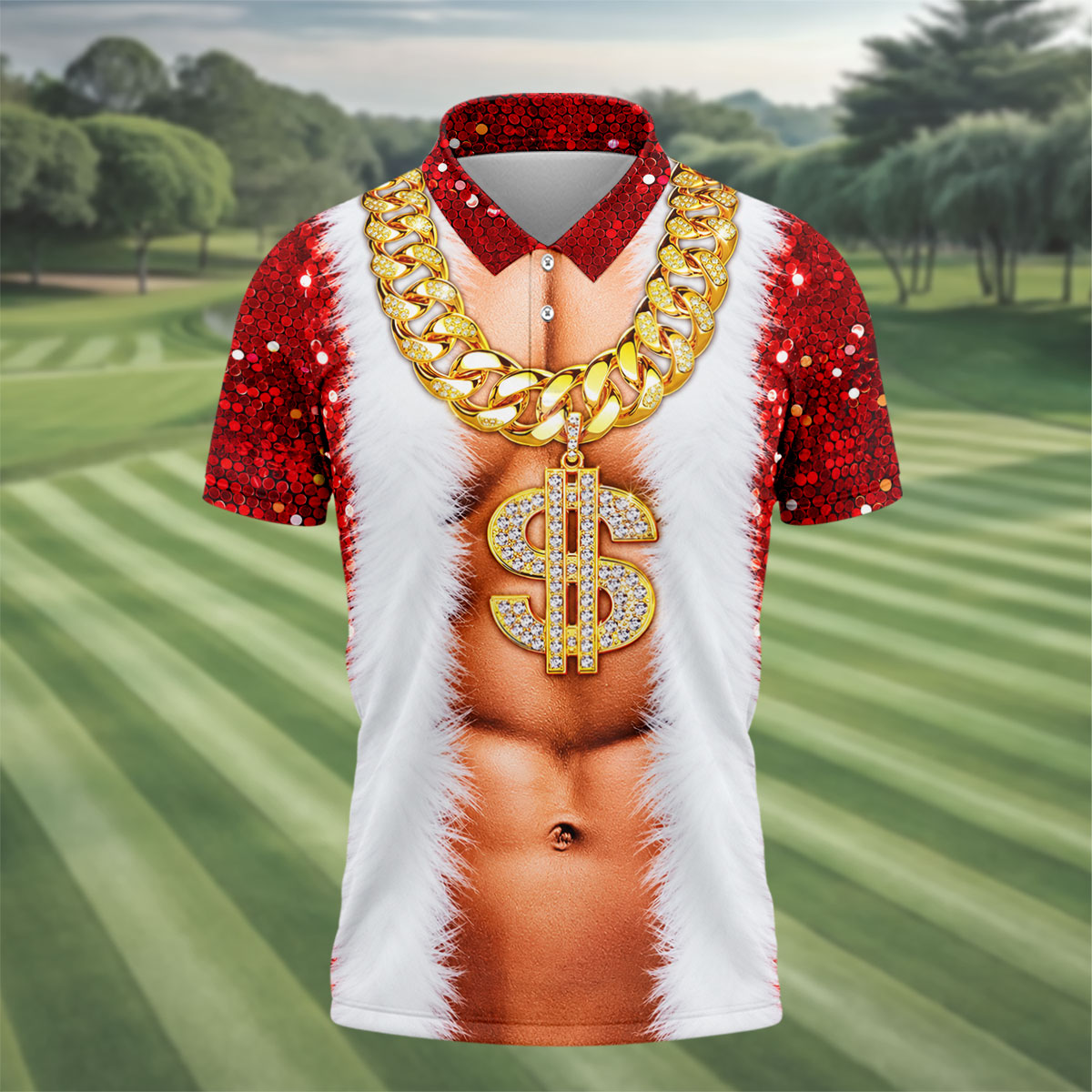 Funny Santa Gold Dollar Chain Golf Polo Shirt, Printed Golf Shirts, Mens Golf Apparel