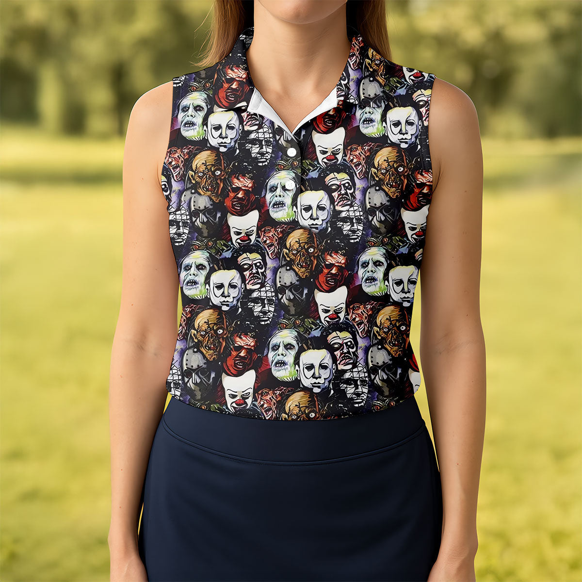 Horror Character Movie Villain Collage Golf Polo Shirt, Women's Golf Polo, Ladies Golf Shirts