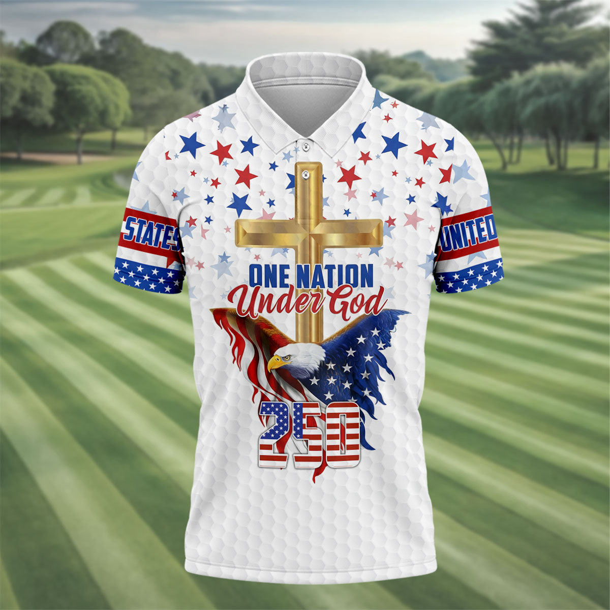 One Nation Under God Faith Cross Bald Eagle 4th Of July Golf Shirt, 250 Years Golf Shirts For Men