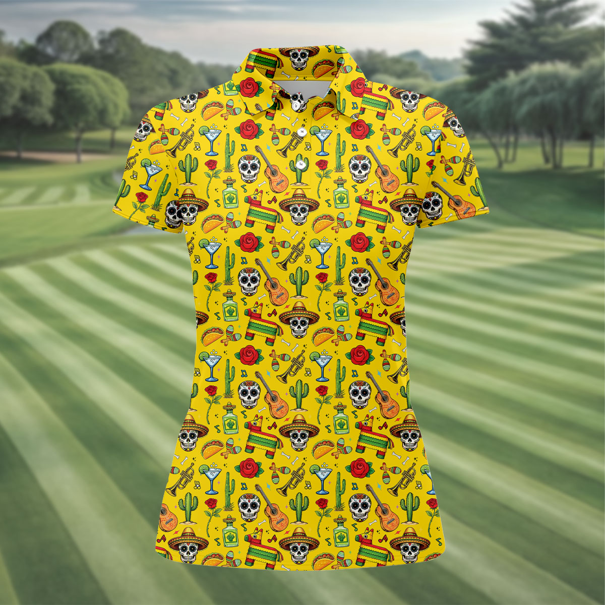 Decorated Skulls Party Items Cinco De Mayo Celebration Fiesta Themed Yellow Golf Shirt For Women